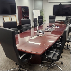 14' Mahogany Boardroom Table, Glass Top & 3 Power-Data Grommets